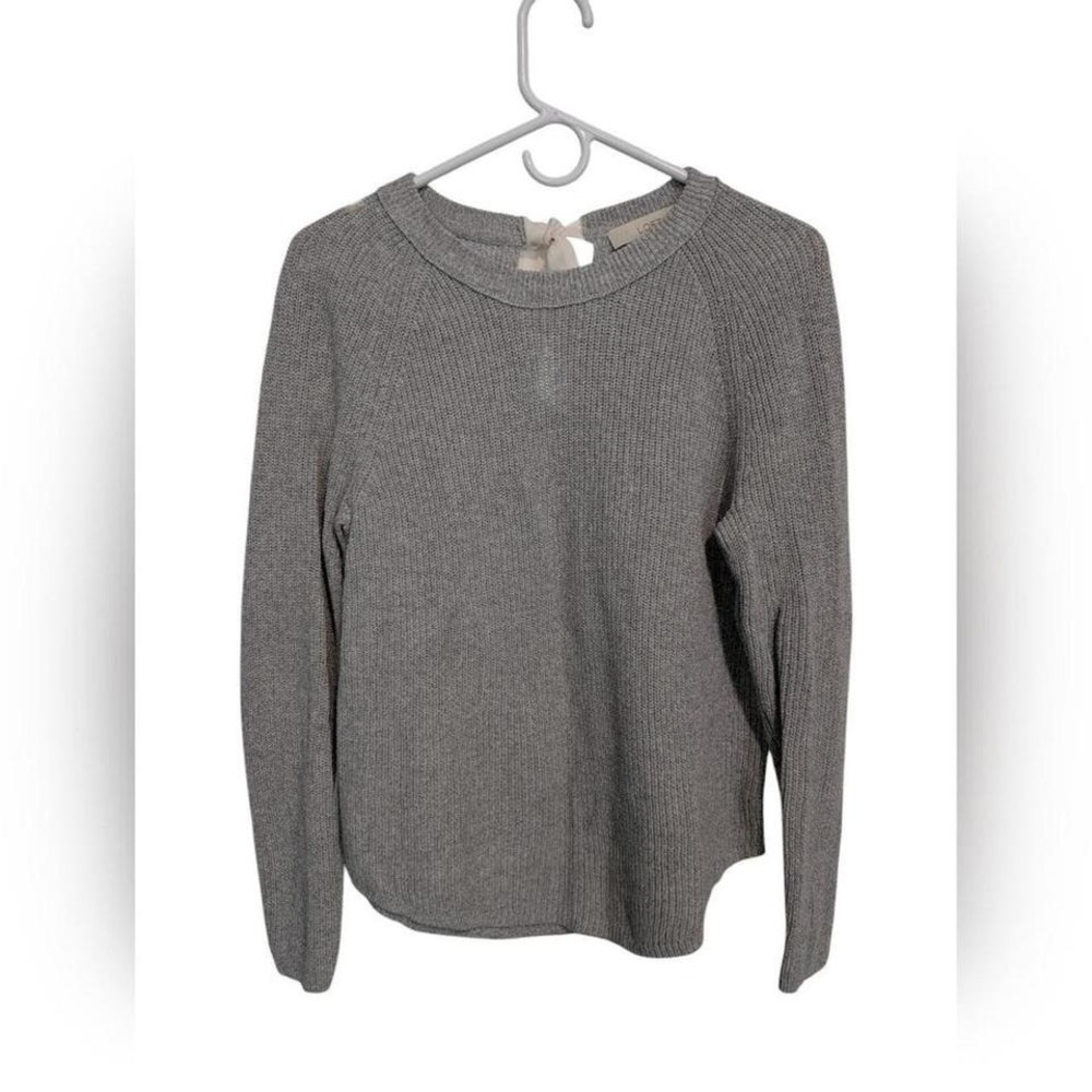 LOFT Grey Ribbed Knit Cotton Sweater Bow Back‎ Keyhole Medium Raglan Sleeve